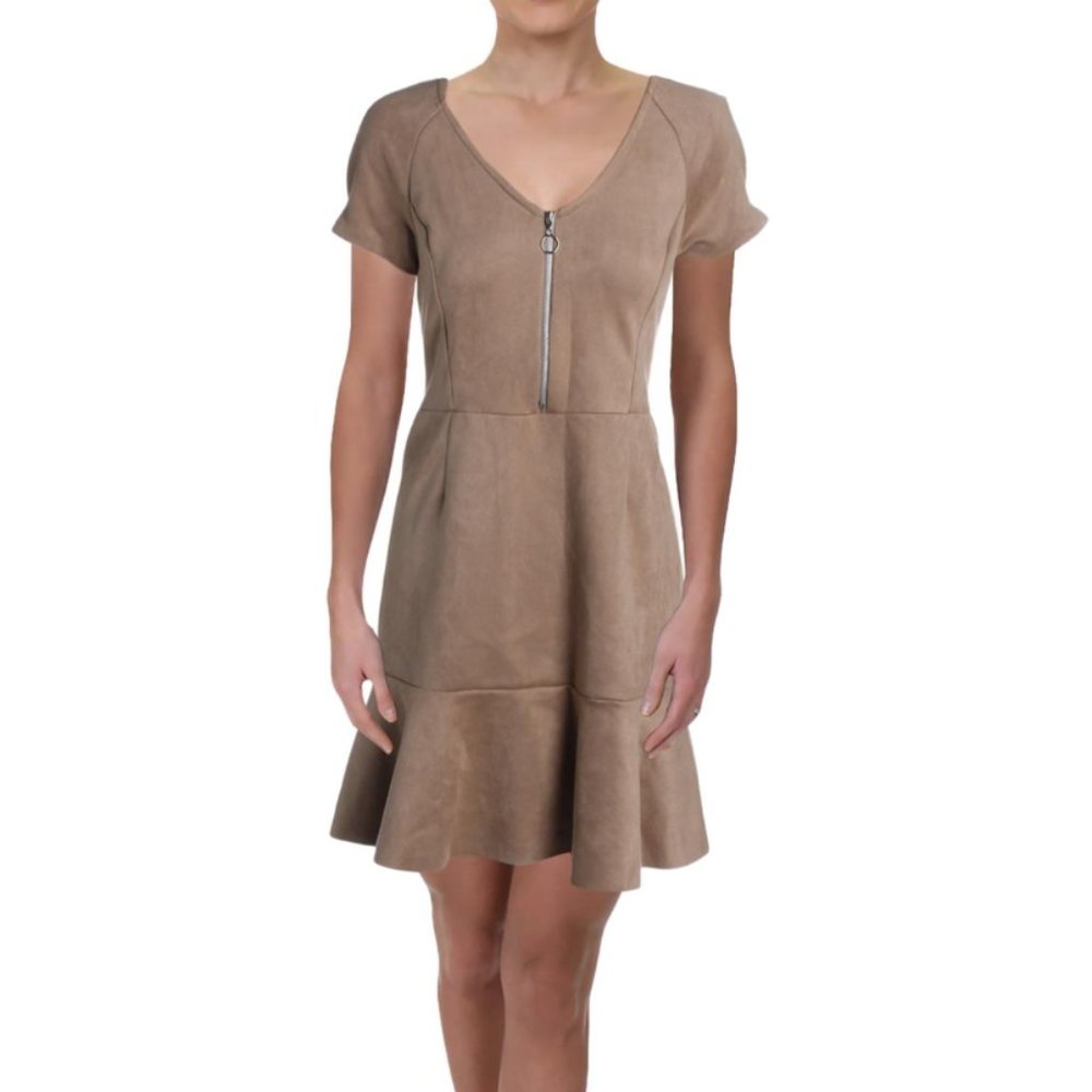 Faux Suede Fit & Flare Casual Dress Taupe